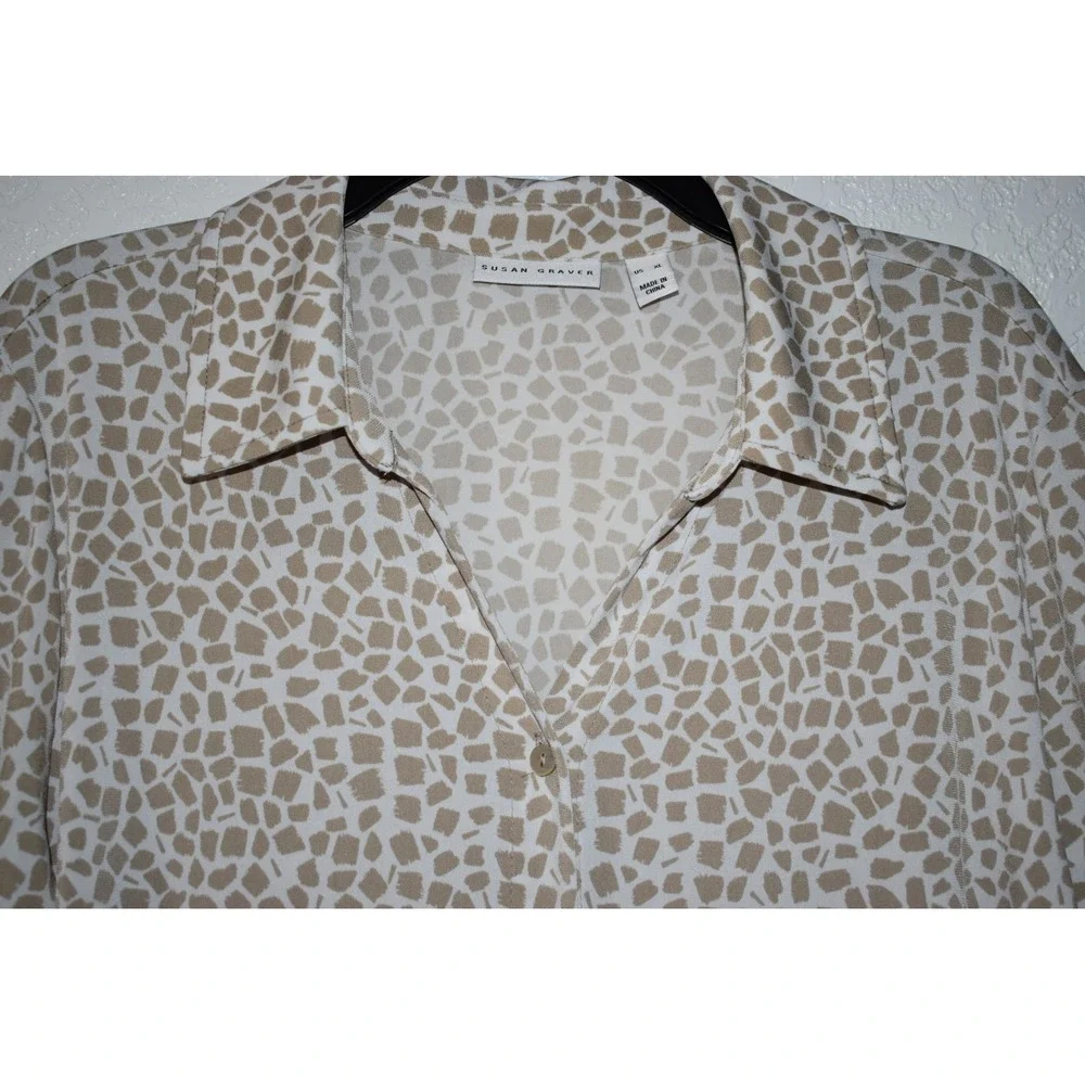 Susan Graver XL Stretch Blouse Button Front Mosaic Print 3/4 Sleeve Tan White - Picture 7 of 16